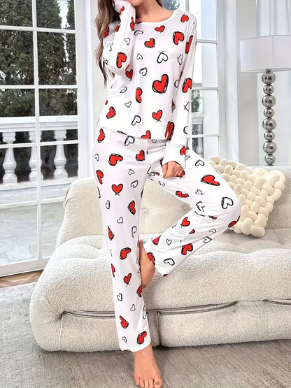 Women Autumn Winter Sleepwear Heart Print Knitted Round-Neck Loose Tops and Elastic Long Pants Pajama Set Loungewear