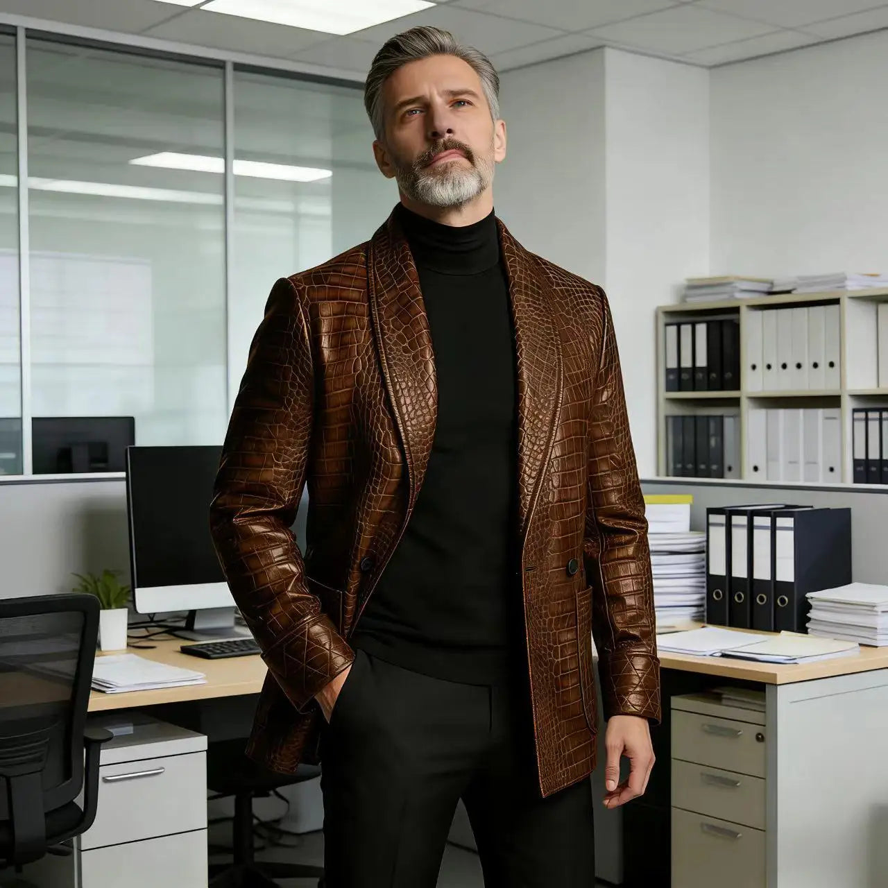 Men's Crocodile Embossed Leather Blazer Double Breasted Business Casual Brown Jacket Office Wear Formal Plus Size  Suit Coat