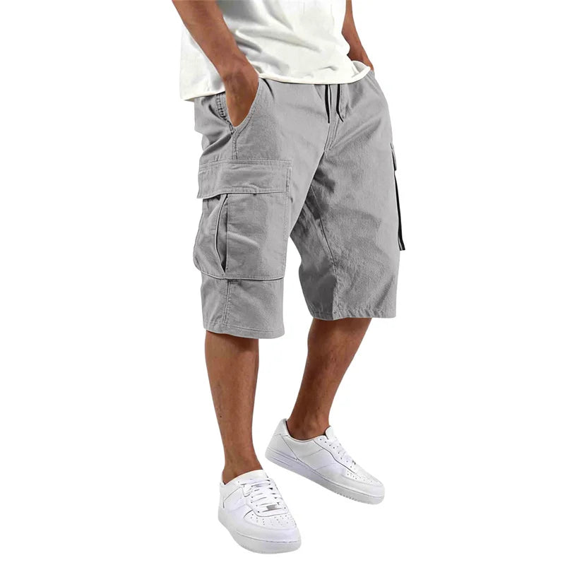2026 Summer men loose straight pants Casual multi-pocket Shorts pure color fashion Men Shorts drawstring daily cargo short pants