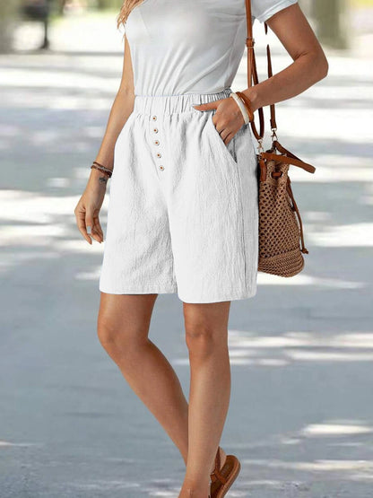 Summer Ladies Casual Loose Pocket Buttoned Linen Shorts Comfortable Breathable Loose Fit Short Pants for Women