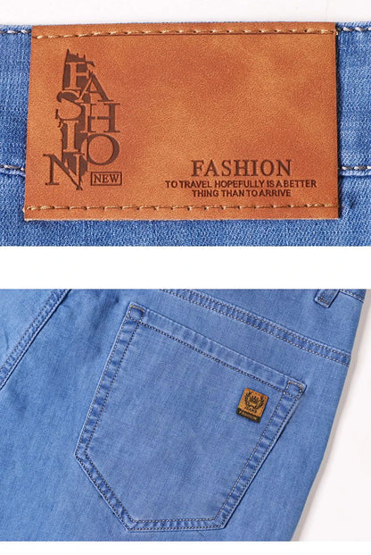 Light blue classic business jeans, fashionable breathable denim elastic pants, black blue men's straight leg jeans, sizes 28-40
