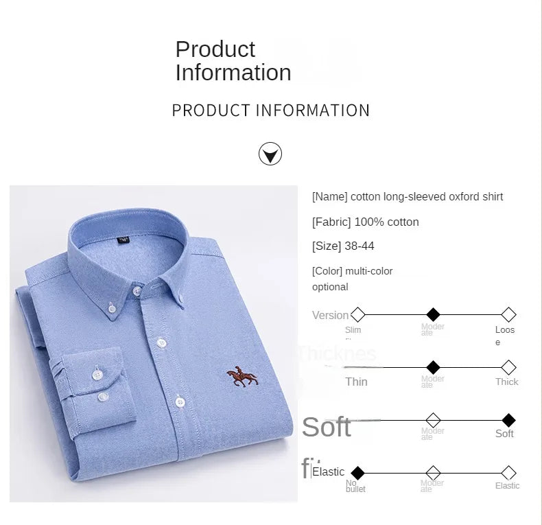 100% Pure Cotton Men's Long Sleeve Shirt Business Casual Solid Color Embroidered Oxford Spun Shirt