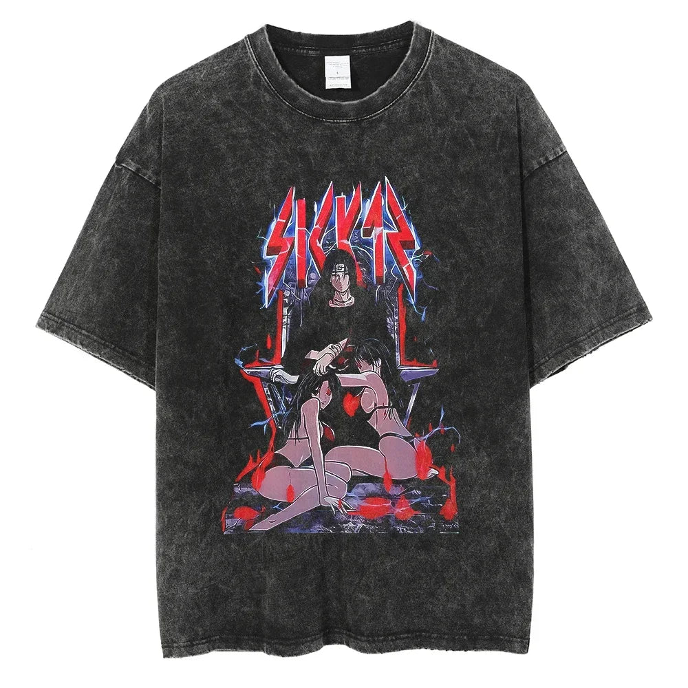 Japanese Anime Naruto Vintage Tshirt Harajuku Streetwear Men Washed T-Shirt Cotton Tops Fashion Summer Short Sleeve Tees Shirts