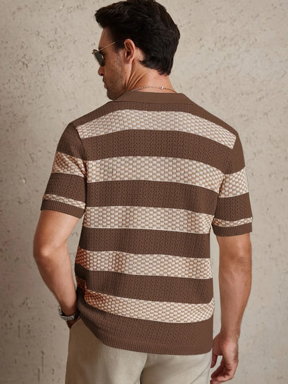 Daily Casual Mens Knitted Polo Shirts 2026 Summer Fashion Striped Contrast Color Knit Pullovers Men Stylish Turn-down Collar Top
