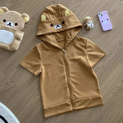 Spring Summer New Cute Bear Ears Zip Up Hoodie Japanese Sweet Girl Casual Loose Sweatshirt Women Cardigan Anime Hoodie Y2k Top