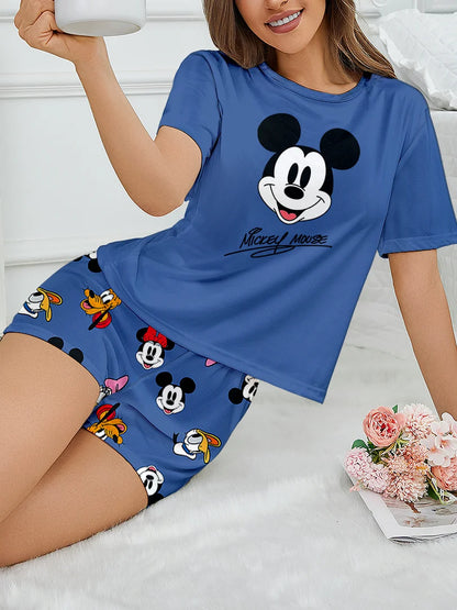 Women's 2-piece Disney Mickey and Friends Cute Cartoon Pattern Short sleeved Top and Shorts Pajamas Home Clothes