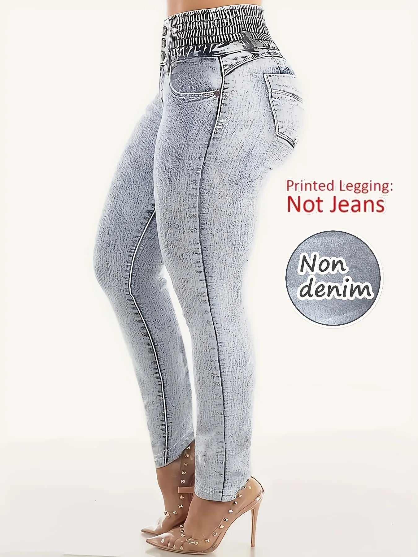 Women's Imitation Denim Printed Leggings, Non-Denim Fabric Casual Skinny Pants, Outdoor Sports Yoga Pants