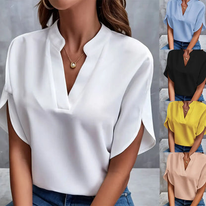 Women Elegant Solid V Neck Blouse Casual Short Sleeve Loose Shirt Summer Solid Tops Harajuku Office Ladt Chiffon Blouse 2026 New