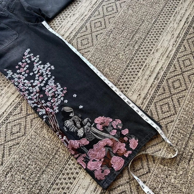 Y2K Vintage Baggy Fallen Knight Cherry Blossom Embroidery Jeans Men Women Fashion Straight Wide-leg Denim Pants Streetwear Jean