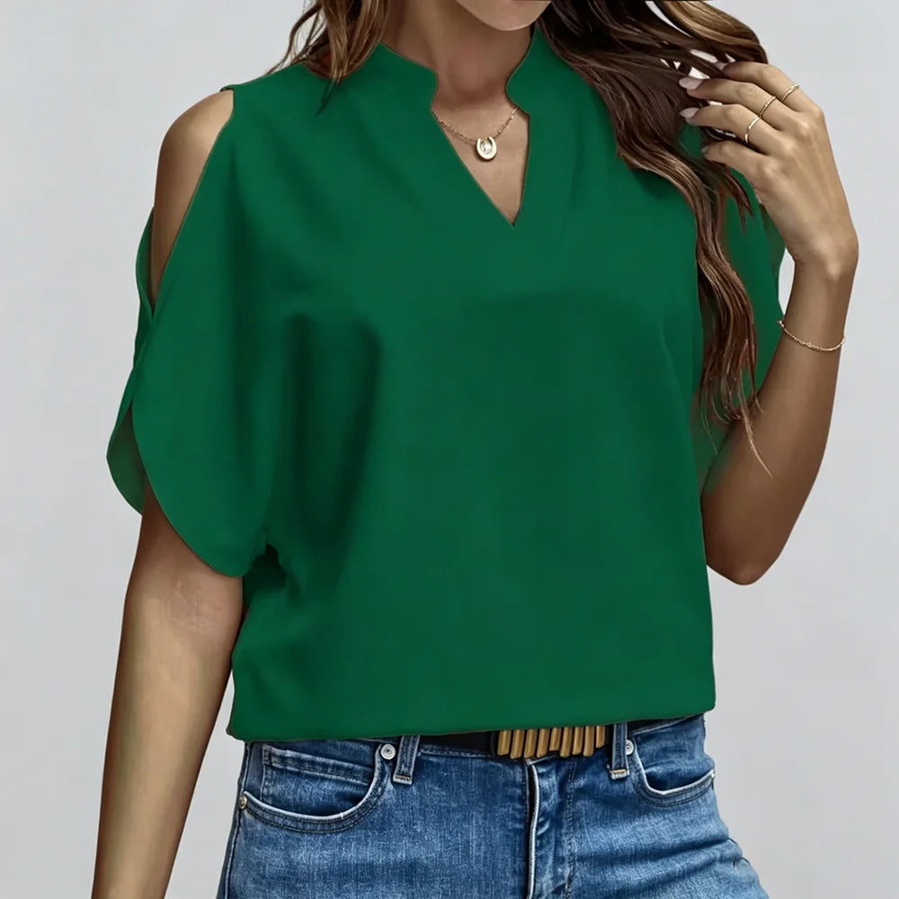 Elegant V-Neck Women's Short-Sleeve Shirt - Solid Color, Notched Collar, Loose European & American Style Versatile Top