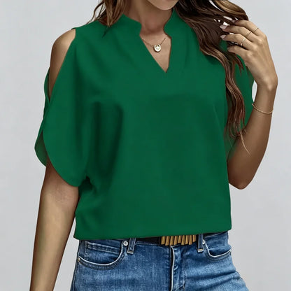 Elegant V-Neck Women's Short-Sleeve Shirt - Solid Color, Notched Collar, Loose European & American Style Versatile Top