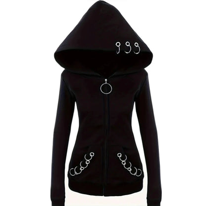 Gothic Punk Womens Full-Zip Hooded Sweatshirt - Allure-Enhancing Long Sleeves Timeless Solid Black, Fashion-Forward Design - Em
