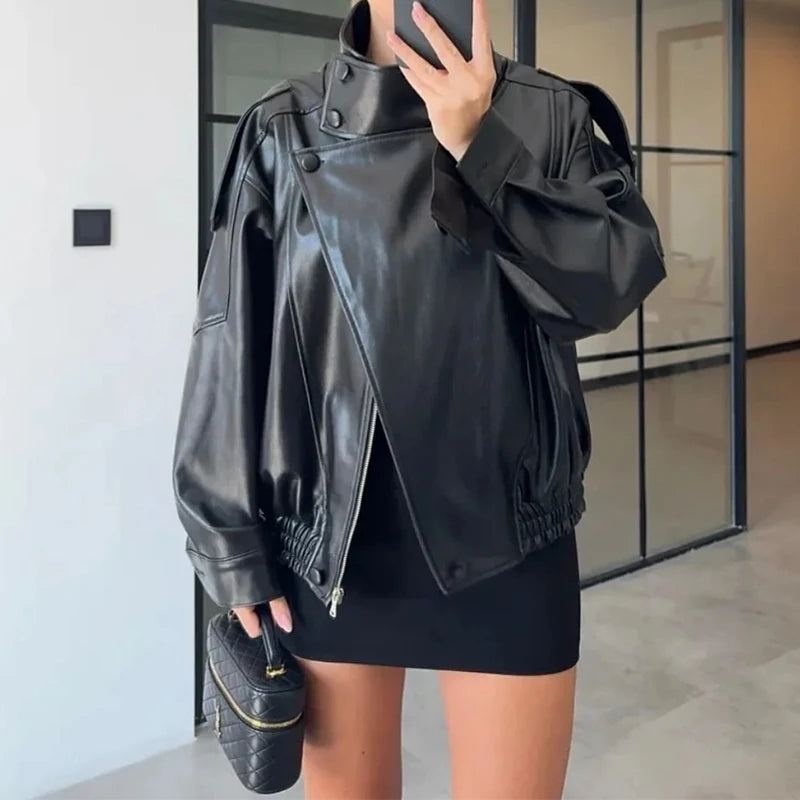 HXAO Black Jacket For Woman Outerwears Faux Leather Jacket Long Sleeve New In Coats And Jackets Zipper Bomber Motorcycle Jacket