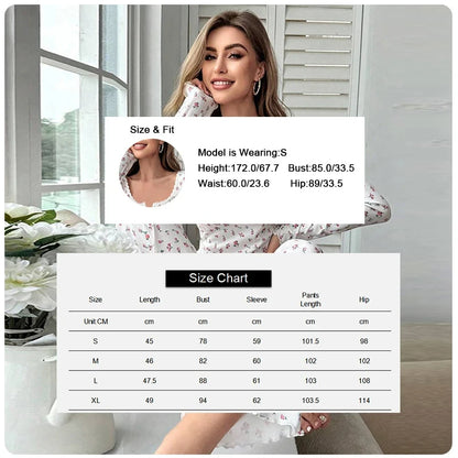 Floral Sleepwear Set - Womens Long Pant Pajamas with Lettuce Trim - ZOOMNSTORE
