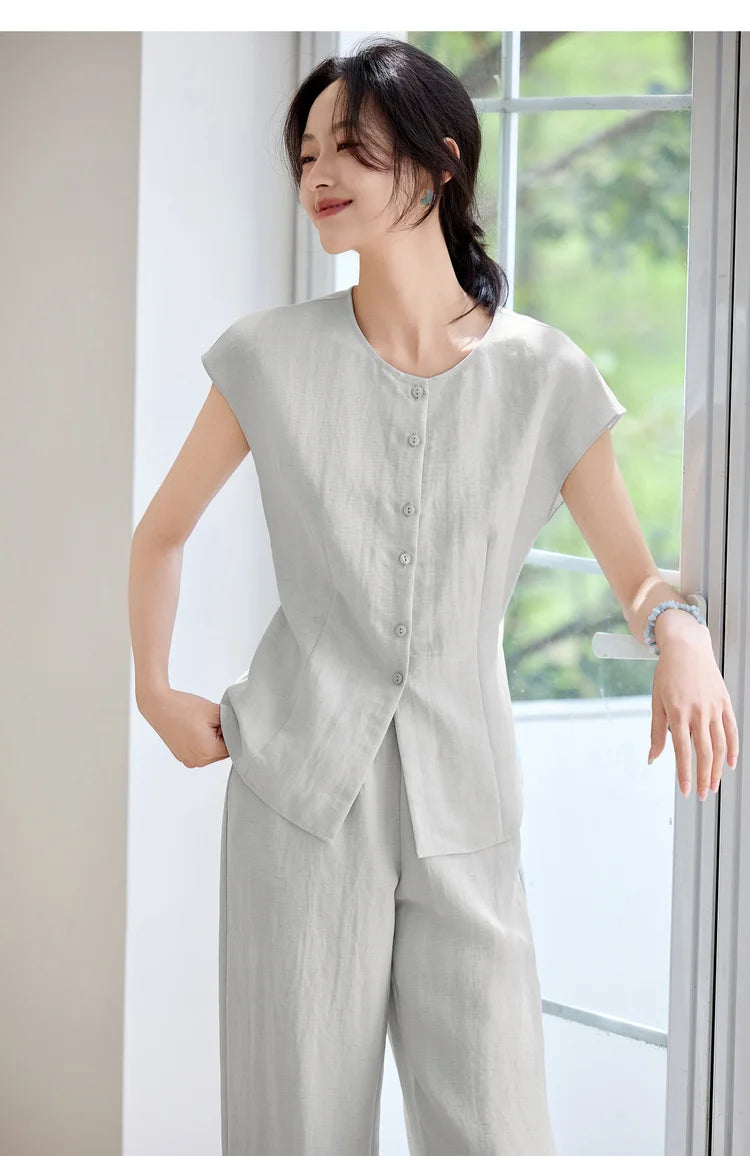 SENTUBILA Women's Linen Trouser Suit Summer Two Pieces Matching Set Women Button Shirt Straight Pant Sets 2026 Outfits 152ZA0094