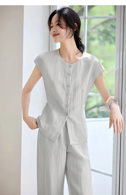 SENTUBILA Women's Linen Trouser Suit Summer Two Pieces Matching Set Women Button Shirt Straight Pant Sets 2026 Outfits 152ZA0094