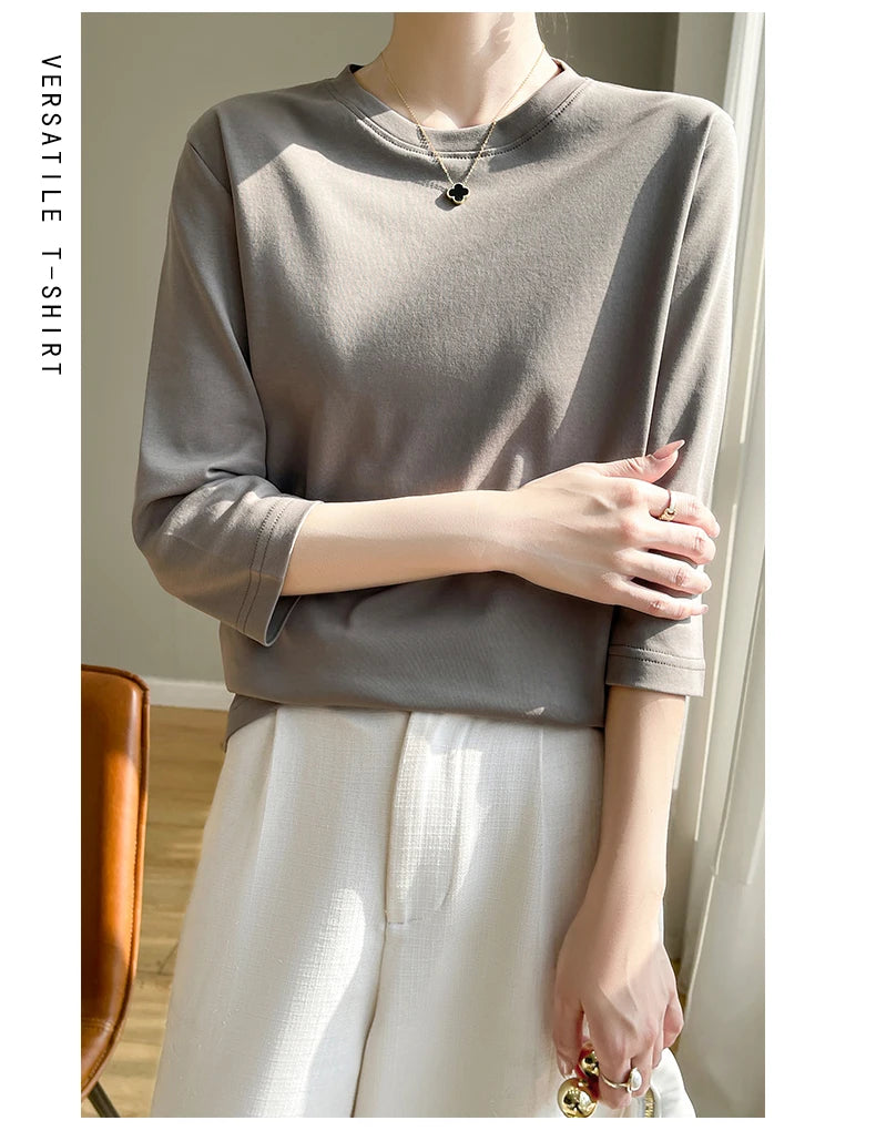 Summer Cotton Short-Sleeved T-Shirt Women's Round Neck Seven-Point Sleeves Loose Mercerized Cotton Half-Sleeve Shirt New T-shirt
