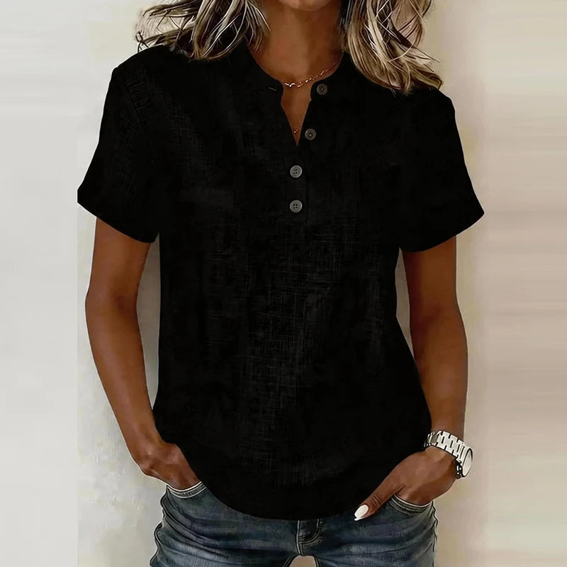 Summer Short Sleeve Basic Blouses Women's Shirts Solid Color V Neck Button Shirts Women Casual Cotton Linen Loose Tops Pullover