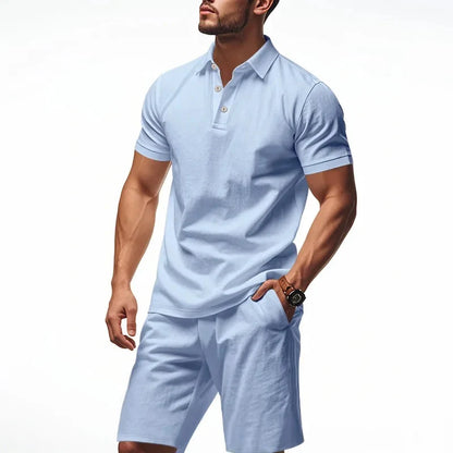 Casual Linen Men's Polo Shirt Short Sleeve Beach Shorts Set Turn-down Collar Summer New Style Men's Fashion Clothing Set