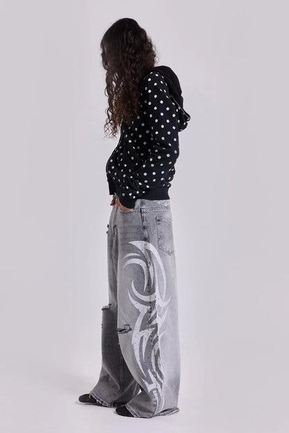 Loose Jeans Women Graffiti Print Baggy Wide Leg Straight Leg Ripped Floor Pants Harajuku Y2k Gothic Unisex Work Denim Pants