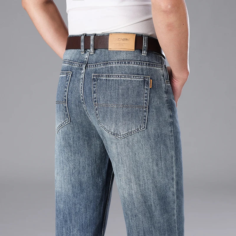 2026 Summer High Quality Brand Cloth Business Casual Men's Lightweight Straight Loose Jeans Classic Retro thin cotton trousers