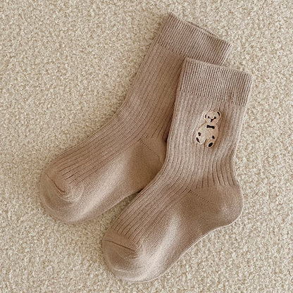 1 Pairs Cotton Kids Socks Korean Retro Style Bear Embroidery Girls Boy Toddler Knitted Socks Warmth Tube Socks For 1-9 Year