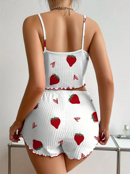 New Strawberry Print Sleepwear Set Women's Ribbed Pajamas with Hearts & Bow Soft Comfy Lounge Set with Shorts Cute Summer PjGift