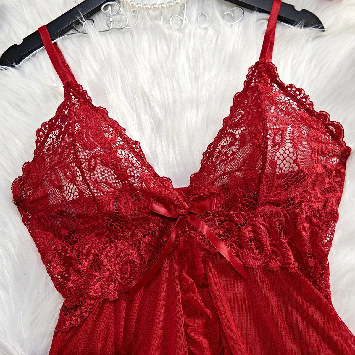 Lace V-Neck Tulle Suspenders Thong Lingerie Set - Exquisite Semi-Transparent Nightgown - ZOOMNSTORE