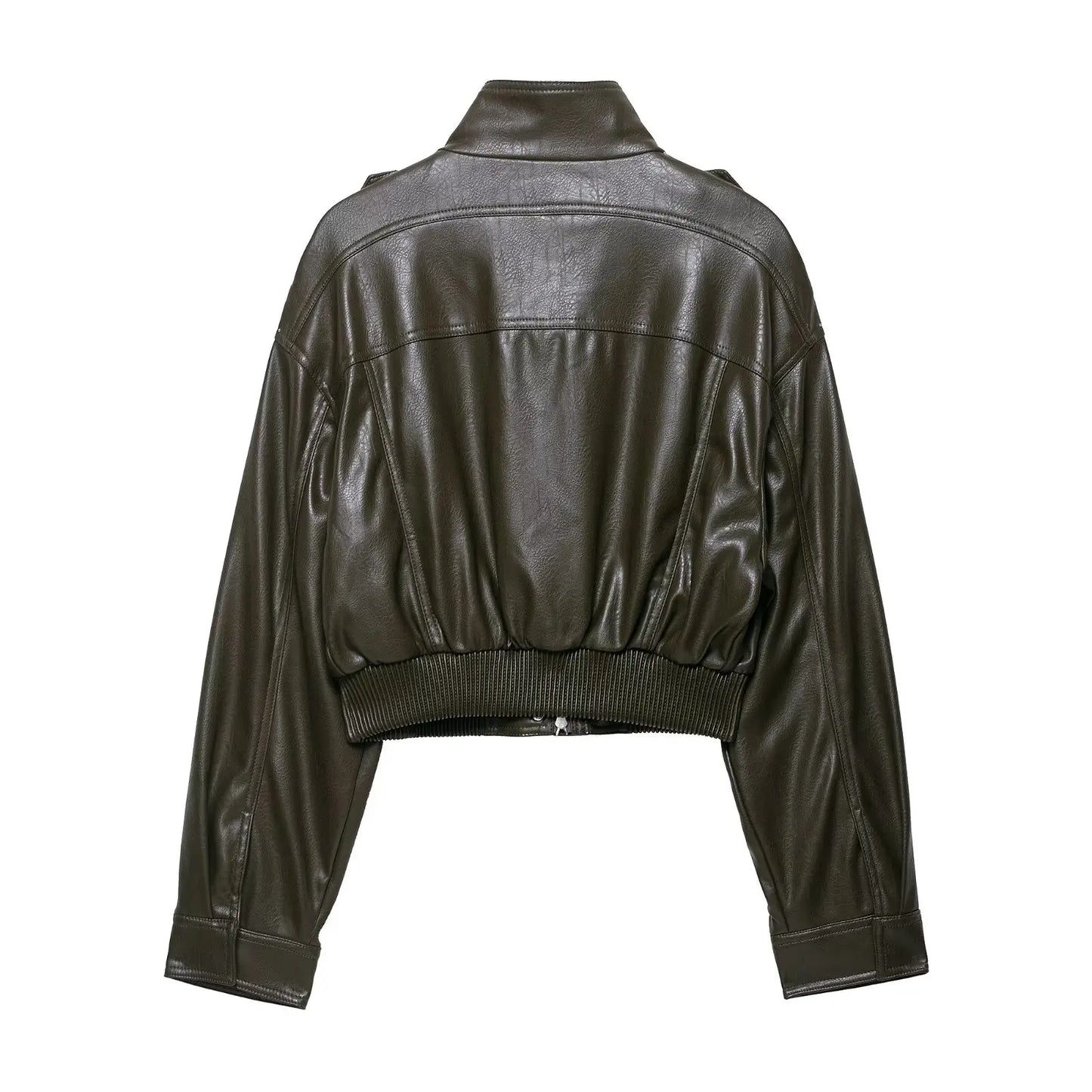 Faux Leather Jackets - Women's Casual Zipper Outerwear Coats With Turtleneck Collar