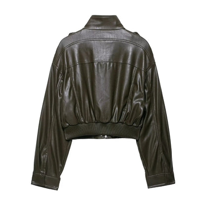 Faux Leather Jackets - Women's Casual Zipper Outerwear Coats With Turtleneck Collar