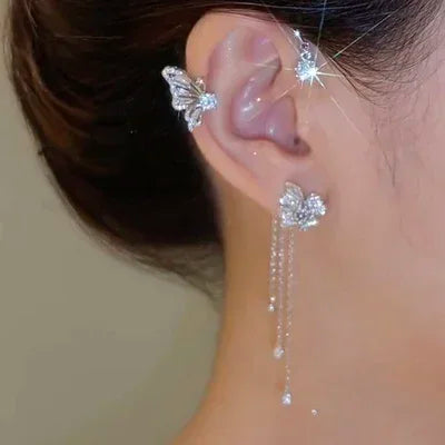 Silver Plated Metal Butterfly Ear Clips Without Piercing for Women Sparkling Zircon Ear Cuff Clip Earrings Wedding Jewelry