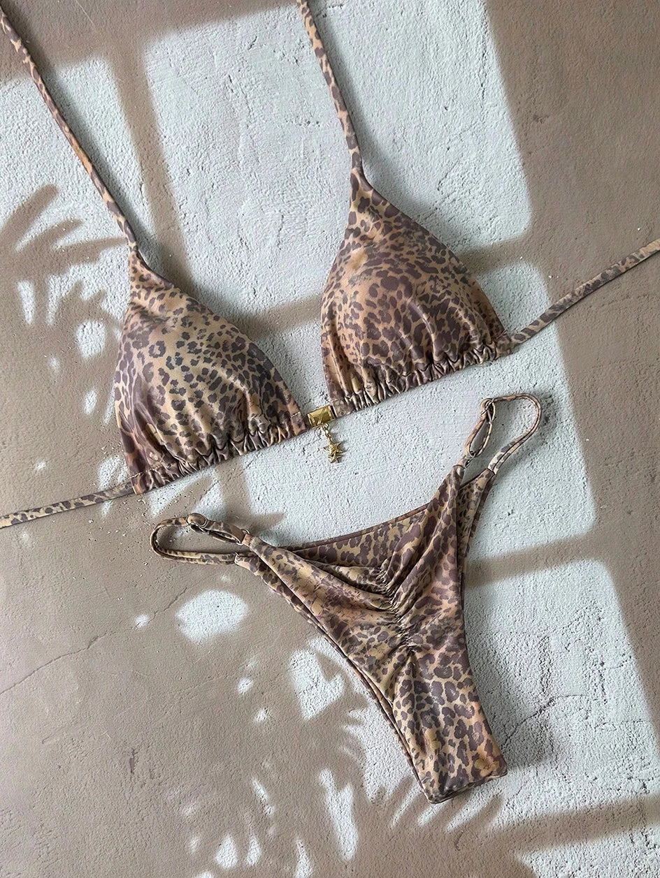 Leopard Push Up Bikinis - Two Piece Micro Bikini Sets With Wire Free Halter Neck