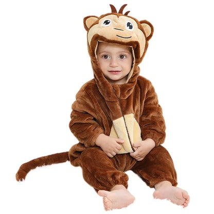 Baby Winter Rompers - Soft Polyester Hooded Jumpsuit With Animal Pattern, Machine Washable