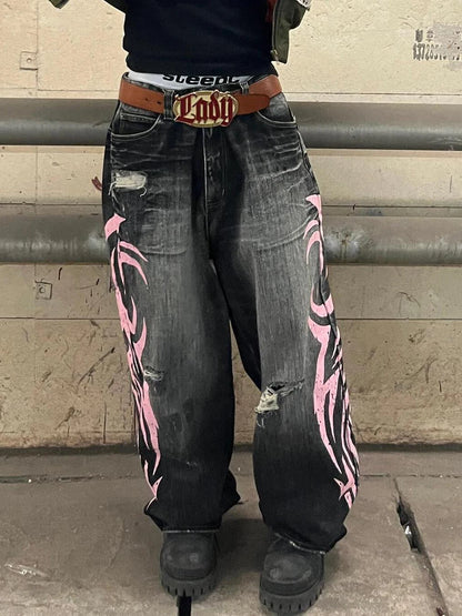 Men's Mottled Totem Print Jeans American Style Old Washed Wide Leg Retro Loose Fashion Trend Wide Leg Jeans Goth Pant Y2K Unisex