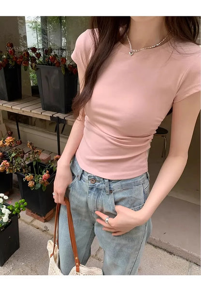 Women's Basic Solid Crop Top Short Sleeve Crewneck Skinny T-shirt Summer Casual Y2K Vintage Harajuku Streetwear
