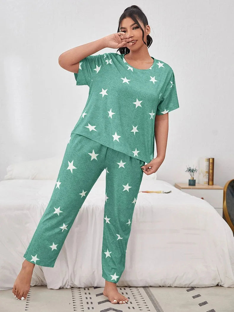 5XL Big Size Pajamas For Women Summer Autumn Faux Cotton Pajama Set  Short Sleeved Casual Loose Luxury Print Sleepwear Pijama