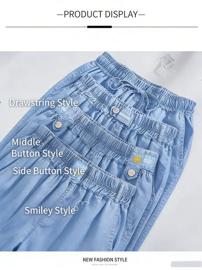 Plus Size Ice Silk Denim Pants Yoga Sports Thin Loose Style Women's Summer Casual Wide Leg Pants Harajuku Style Loose Waist