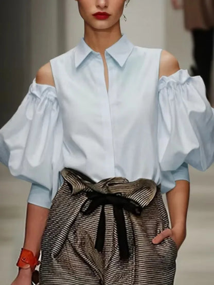 Modigirl New Fashion Women Tuxedo Blouse Shirts 2025 Summer Soild Color Cold Shoulder Office Party Leisure Black Tops for Women