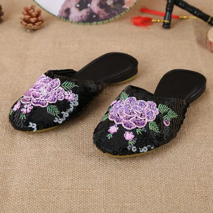 36-40 Women Slippers Sequin Embroider Shoes Summer Silk Fabric Flats Flower Closed Toe Soft Sole Non-slip Chinese Style Footwear