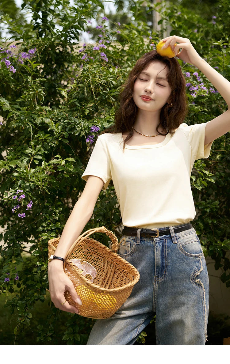 Women's Square-Neck T-Shirt – Elegant Cotton Short-Sleeve Top
