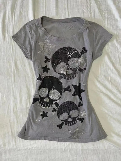 Japanese Y2k Skull Print Women's 2000s Clothes Y2k Top Subculture Tees Anime Girl Graphic T Shirts Goth Emo Kawaii Gothic Kpop