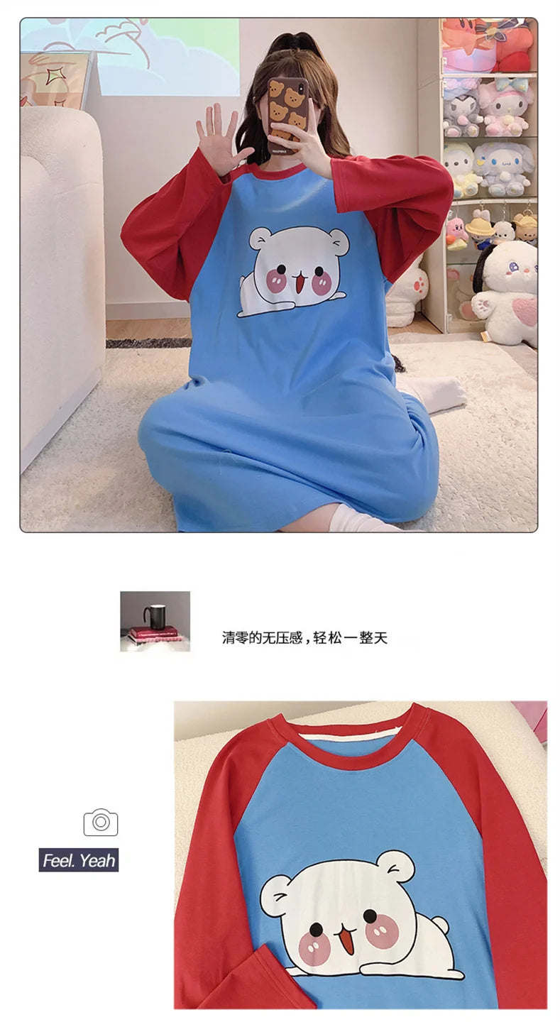 New Spring Summer Cotton Women's Pajamas Cute Long-sleeved Nightdress Cartoon Print Dress Home Service