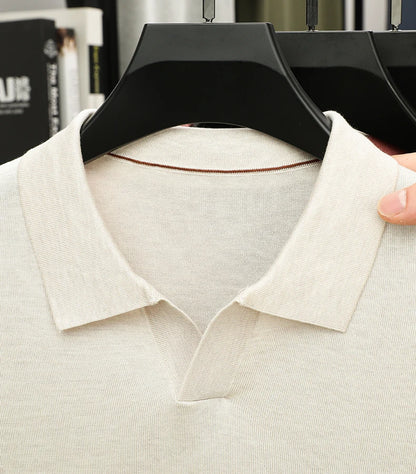 100%  Lyocell Knitwear 2025 Men Spring Summer Trendy Turn Down Collar Knit Tees Short Sleeve Breathable Knit Tops