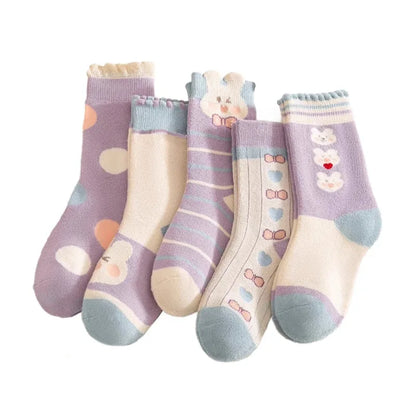 5 Pairs Girls' Thick Socks,Cute Cartoon Bunny Children's Socks, Winter Warmth,  Purple Mid Tube Socks, Autumn/Winter