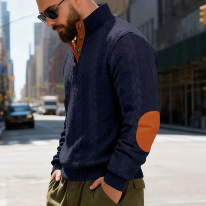 Men's Waffle Knit Quarter Zip Pullover with Contrast Trim and Elbow Patches Casual Long Sleeve Sweater