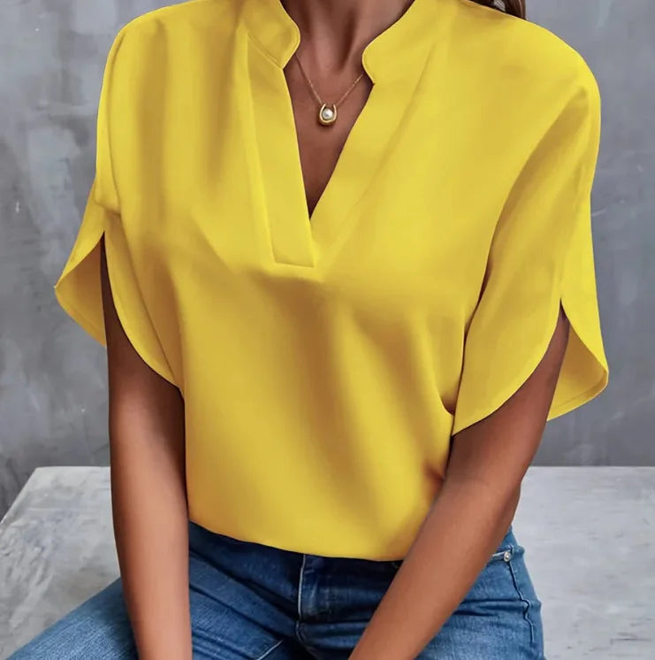 Women Elegant Solid V Neck Blouse Casual Short Sleeve Loose Shirt Summer Solid Tops Harajuku Office Ladt Chiffon Blouse 2026 New