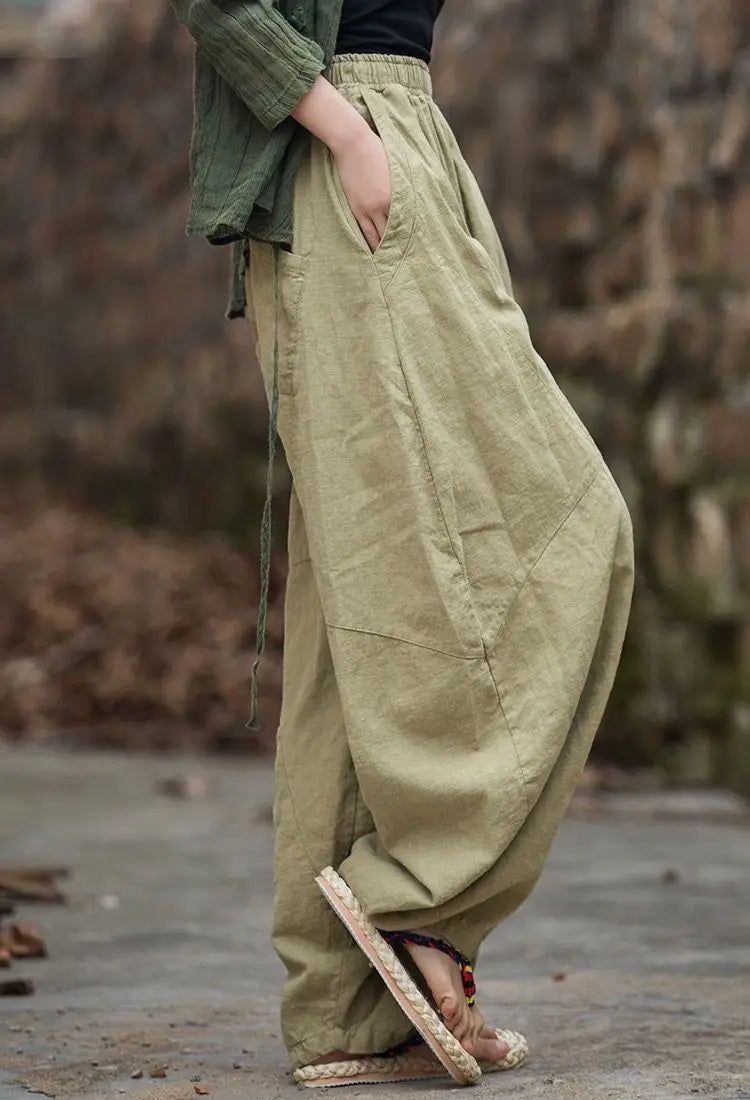 Elegant Women's Cotton Linen Baggy Cargo y2k Pants Vintage Elastic Waist Trousers Loose Casual Long Wide Leg Oversize Clothes