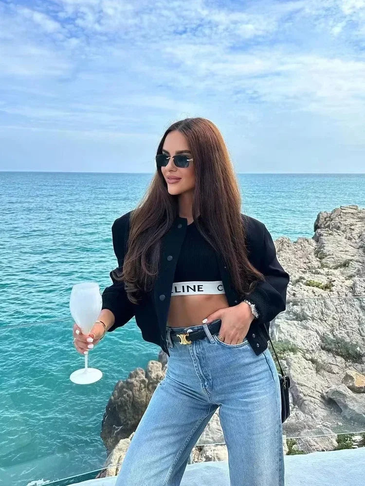 1PCS Woman Bomber Jacket Coat White Autumn Winter Button Baseball Aviator Cropped Jackets for Women Long Sleeve Crop Outerwear