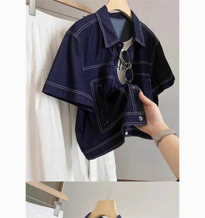 Deep Blue Retro Short Denim Shirts 2026 New Spring Summer Short Sleeved Loose Jeans Jacket Women Korean Versatile Outwear Tops