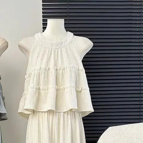 Faionable round Ne Svel Top High Waist Straight Leg Pants Women's Summer New Sle Korean Version Two-Piece Set
